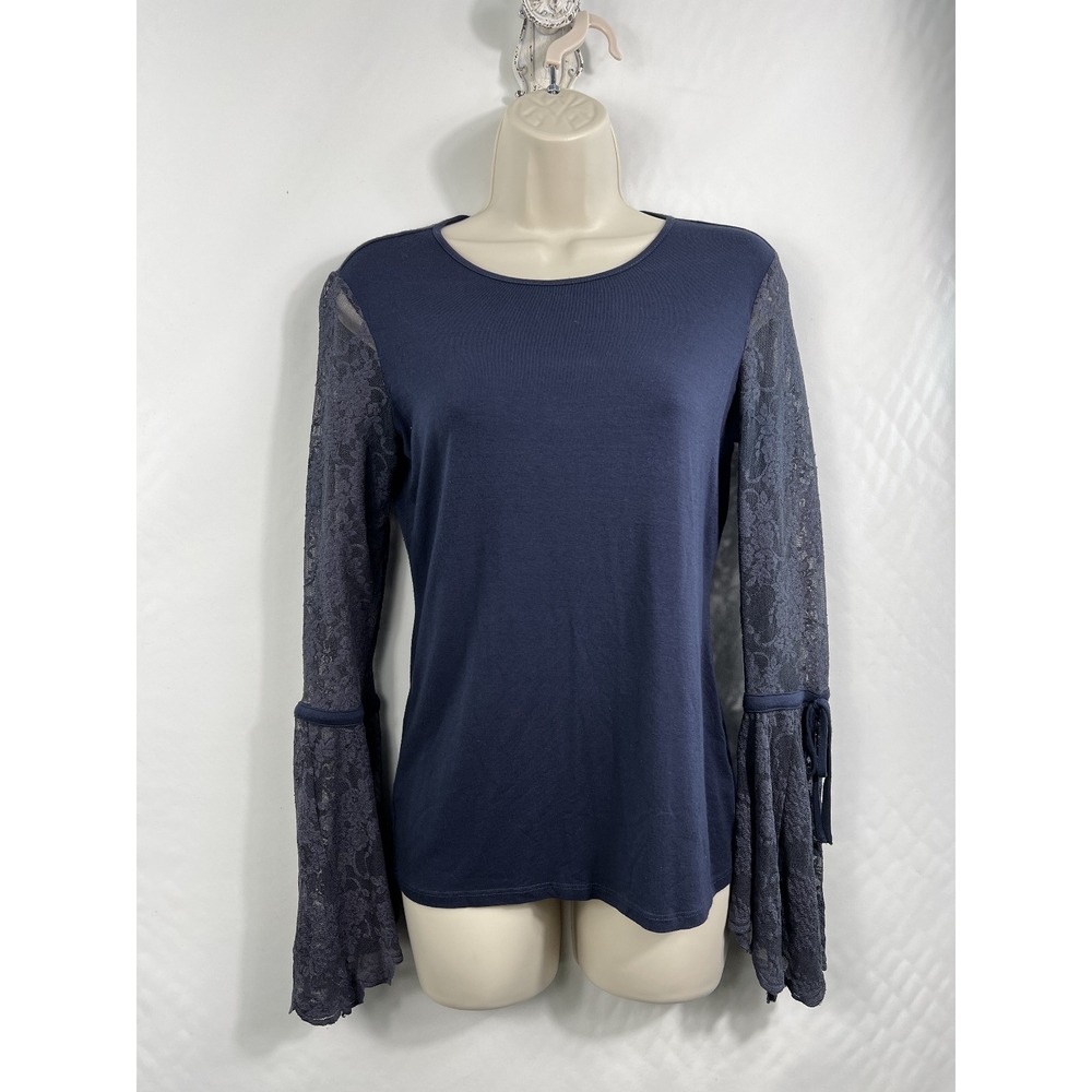 Vince Camuto Top Womens XS Navy Blue Lace Bell Sleeve Keyhole Back Romantic Boho